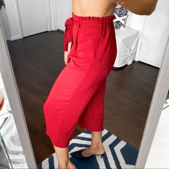 🌹 PRIMARK DARK RED CAPRI HIGH WAIST BELTED PANTS! - Picture 2 of 8